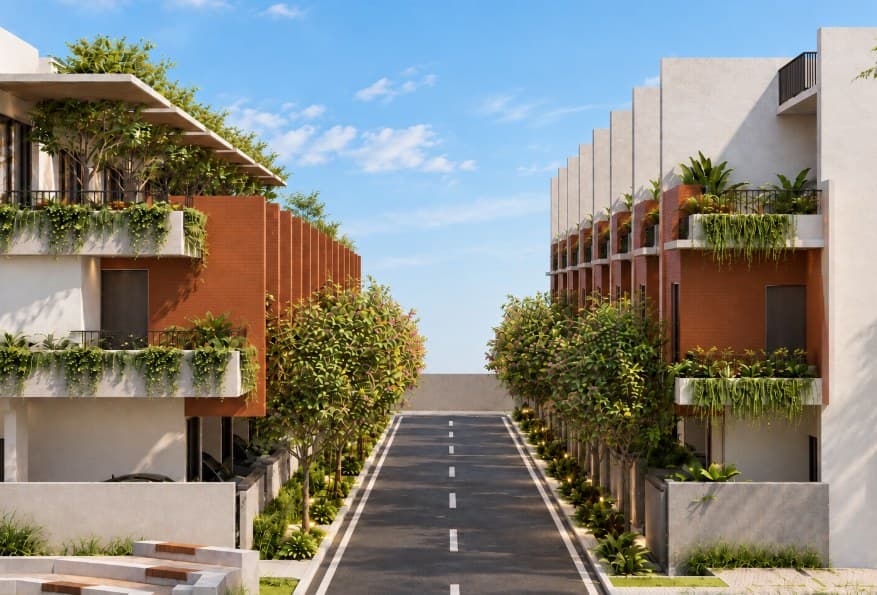 Central landscaped common space and communal pavilions