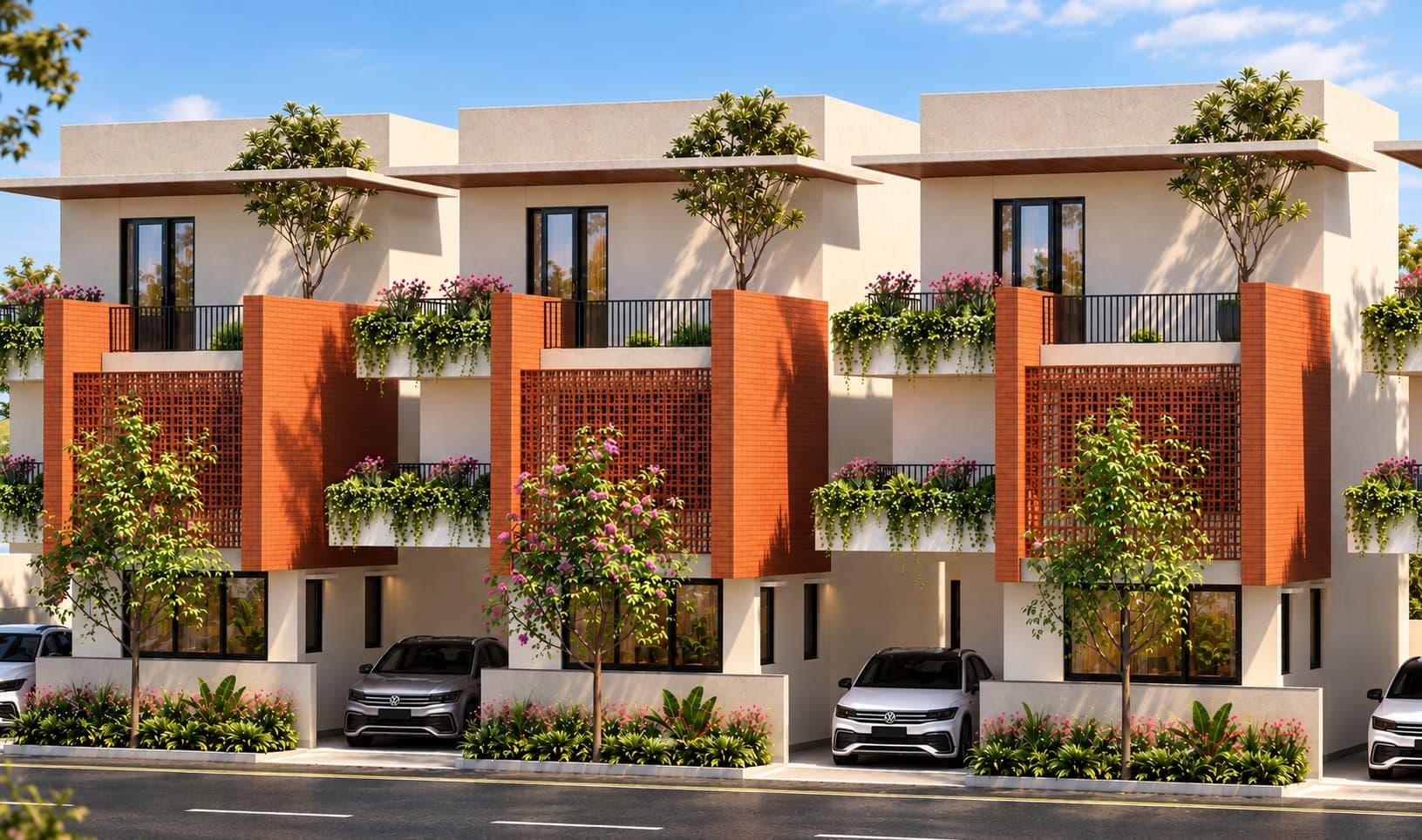 West villa elevation featuring climate-responsive overhangs