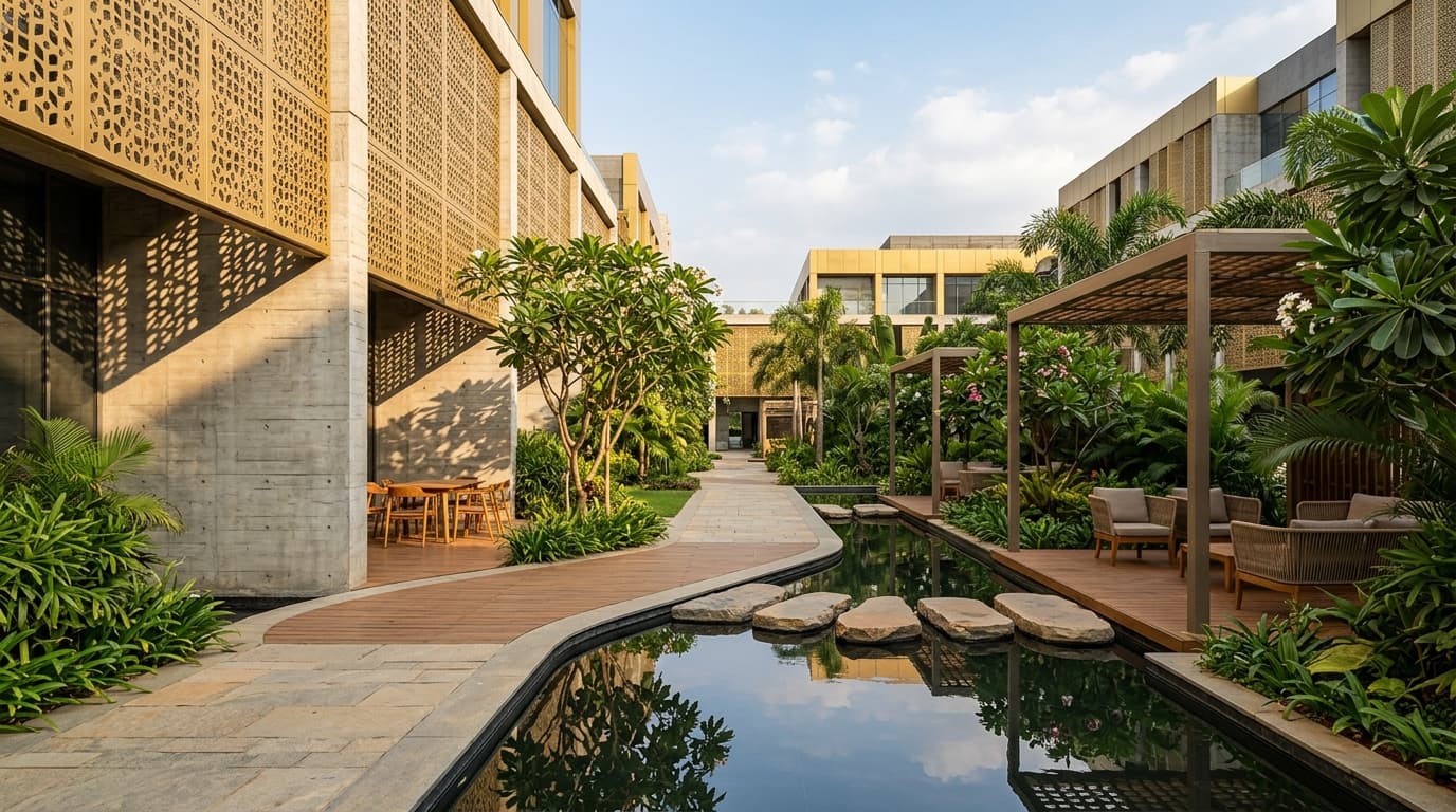 Pedestrian courtyard promenade featuring perforated brass sunscreens, water features, and meeting pergolas