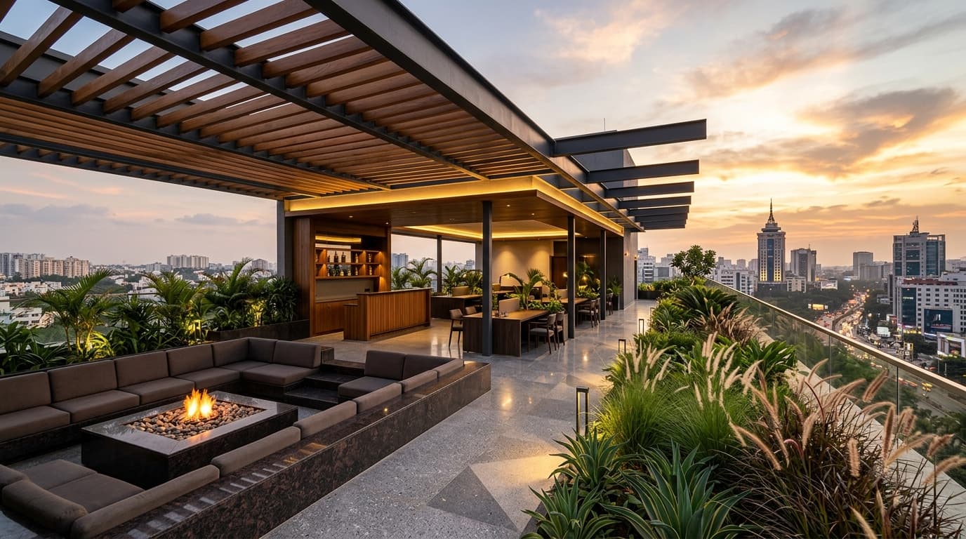 Panoramic rooftop collaborative pavilion and sky lounge framed by cantilevered steel-and-teak pergola