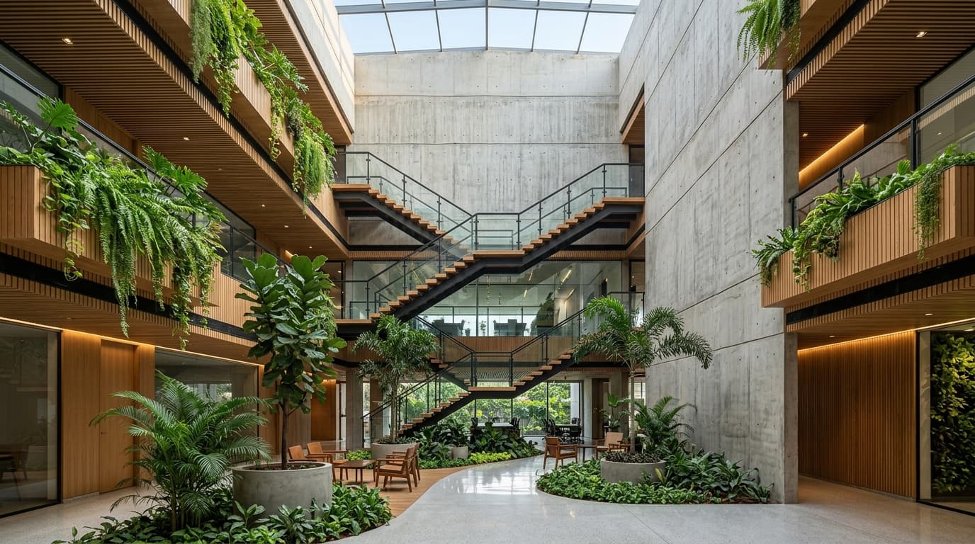 Triple-height skylit biophilic central atrium with floating stairs and lush interior planting