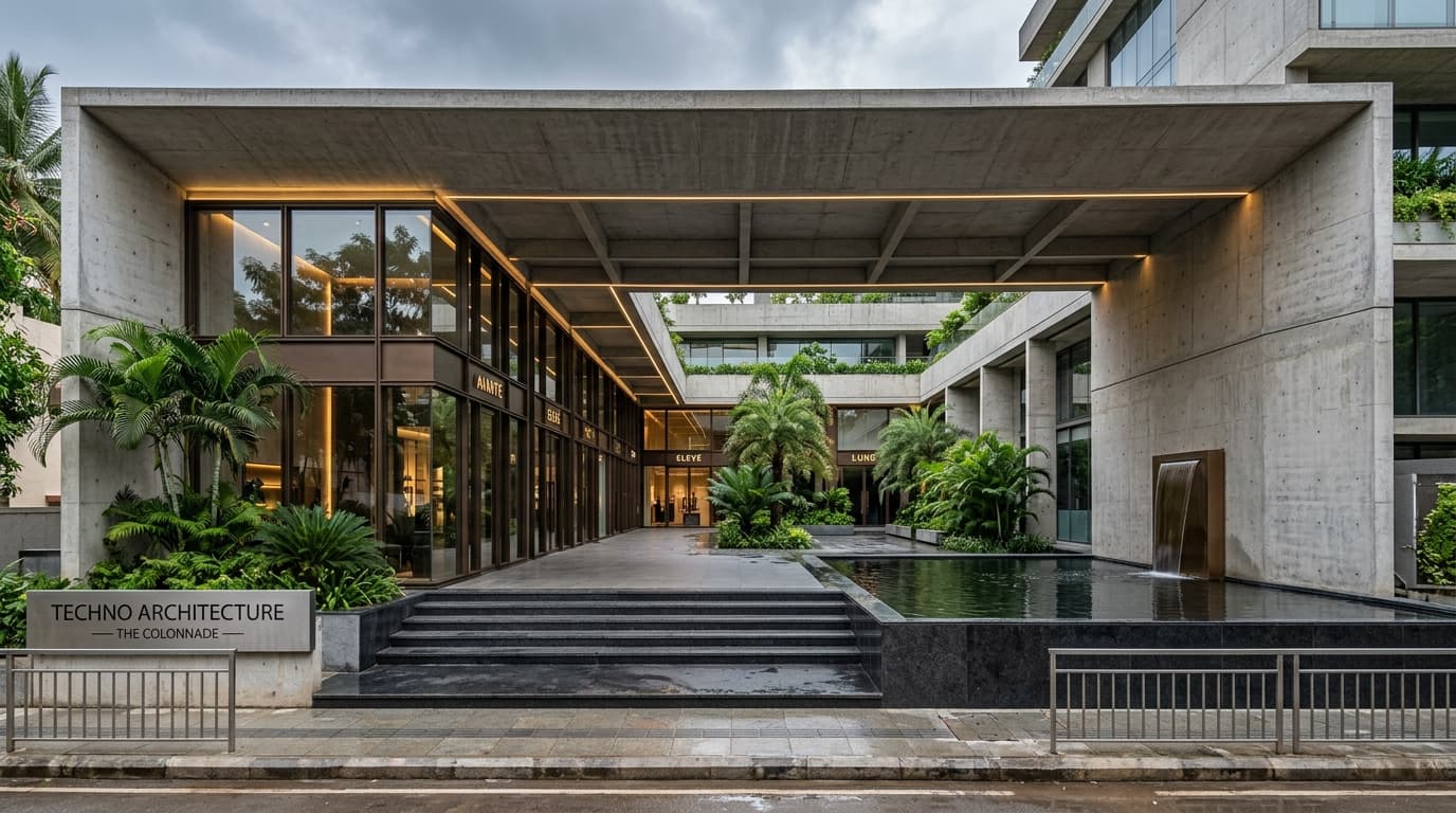 Pedestrian entrance colonnade with cantilevered waffle slab, dark bronze glazing, and reflecting water feature