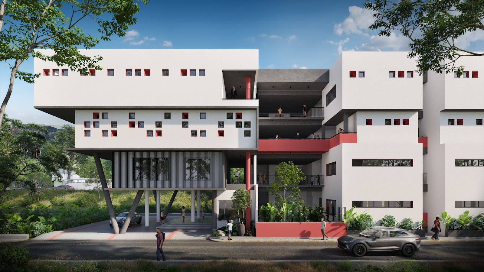 Main entrance plaza featuring shaded landscaped steps and stepped seating breezeway