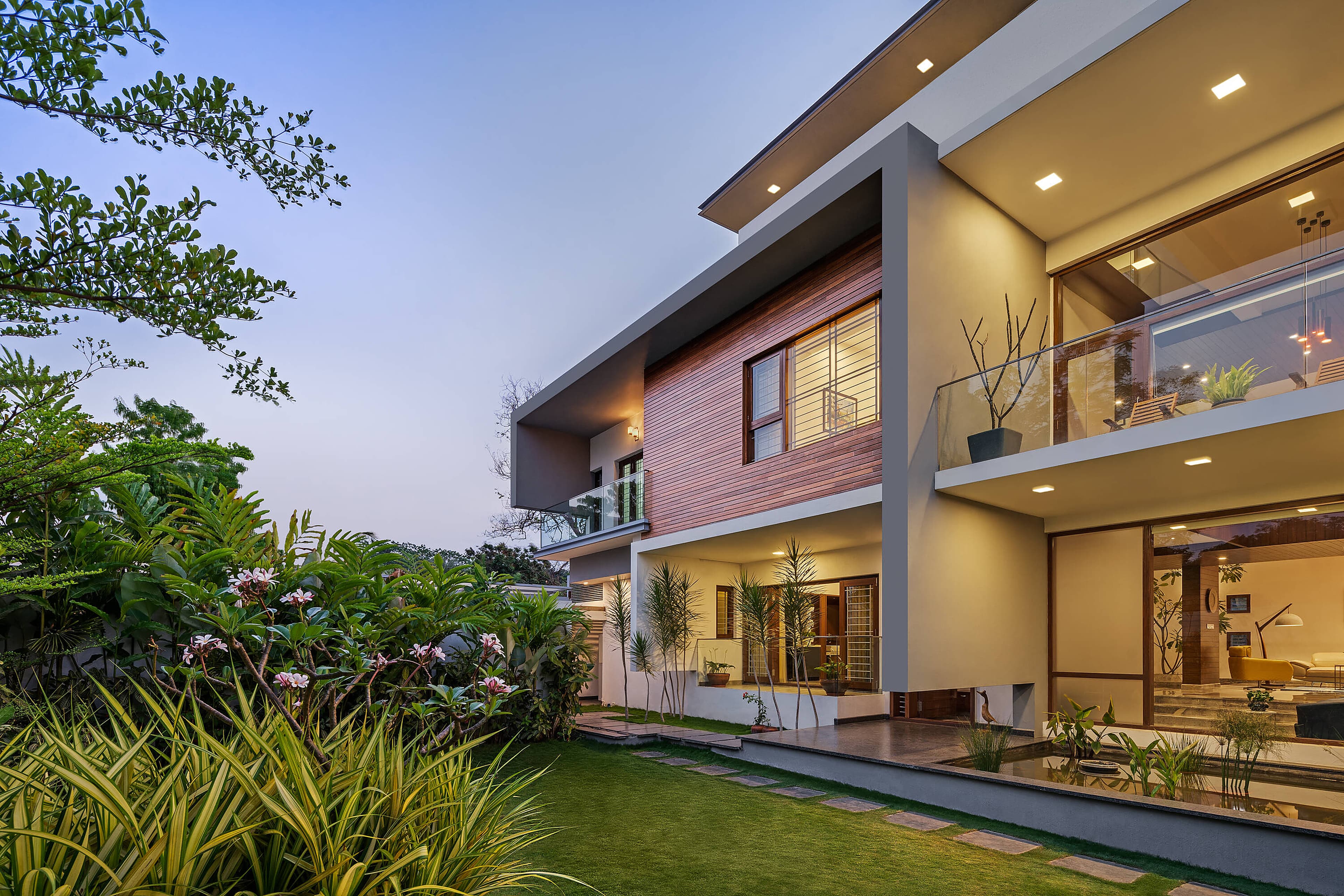 Evening garden view capturing the harmonious integration of built form and nature