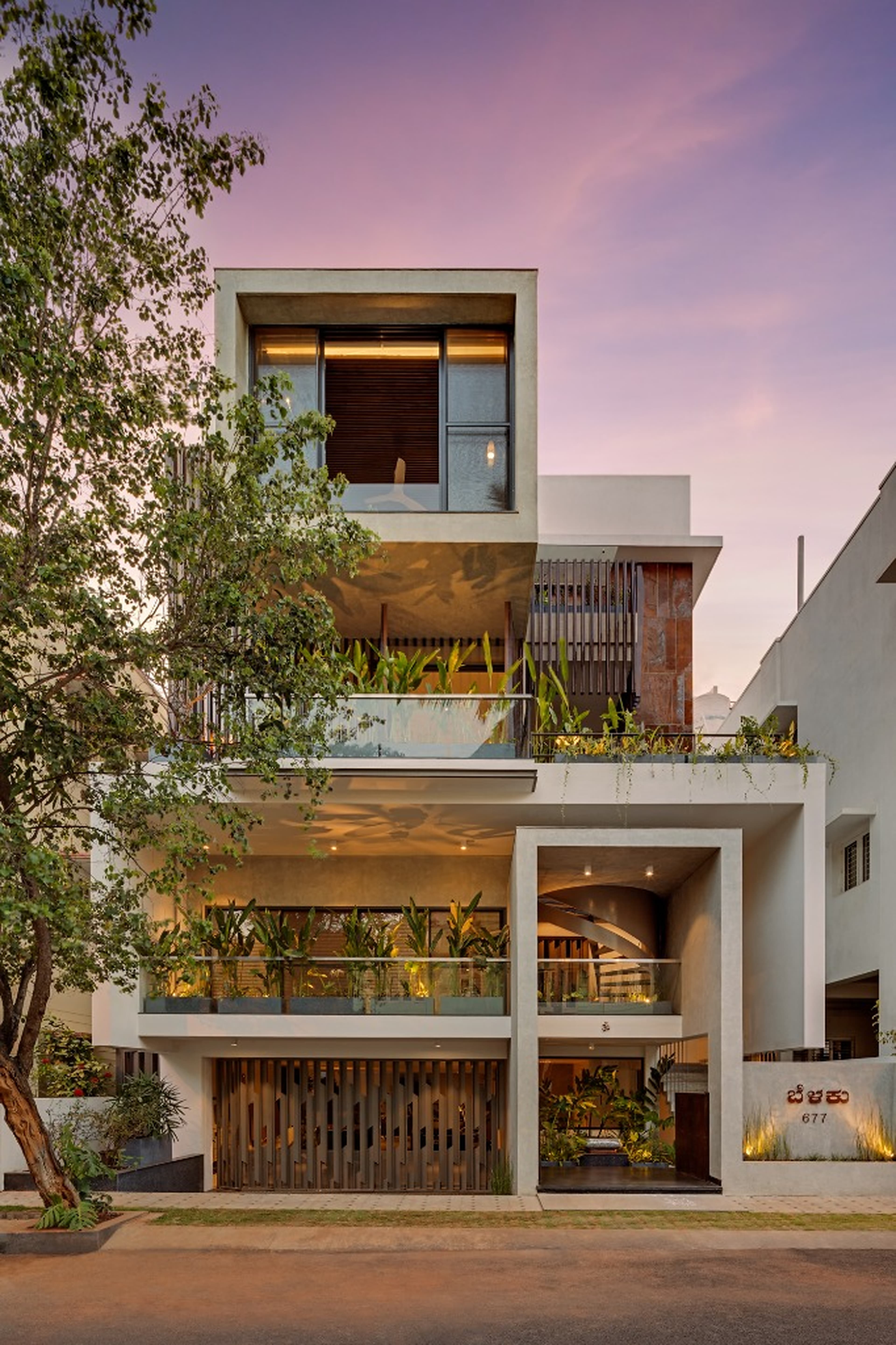 Belaku Cantilevered Facade at Dusk