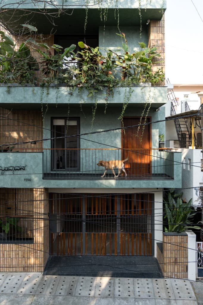 First-floor cantilevered terrace with resident pet, lush tropical planters, trailing creepers, and solid teak entrance portal
