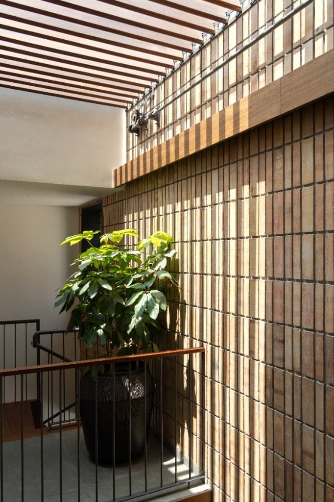Lightwell staircase landing with potted umbrella tree, vertical buff brick bond, timber pergola, and skylight mechanical gear operator
