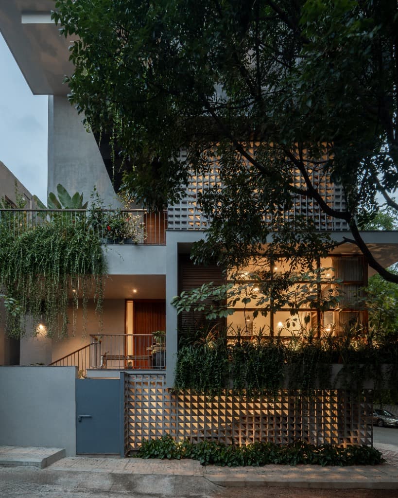 Twilight Illuminated Breeze-Block Facade