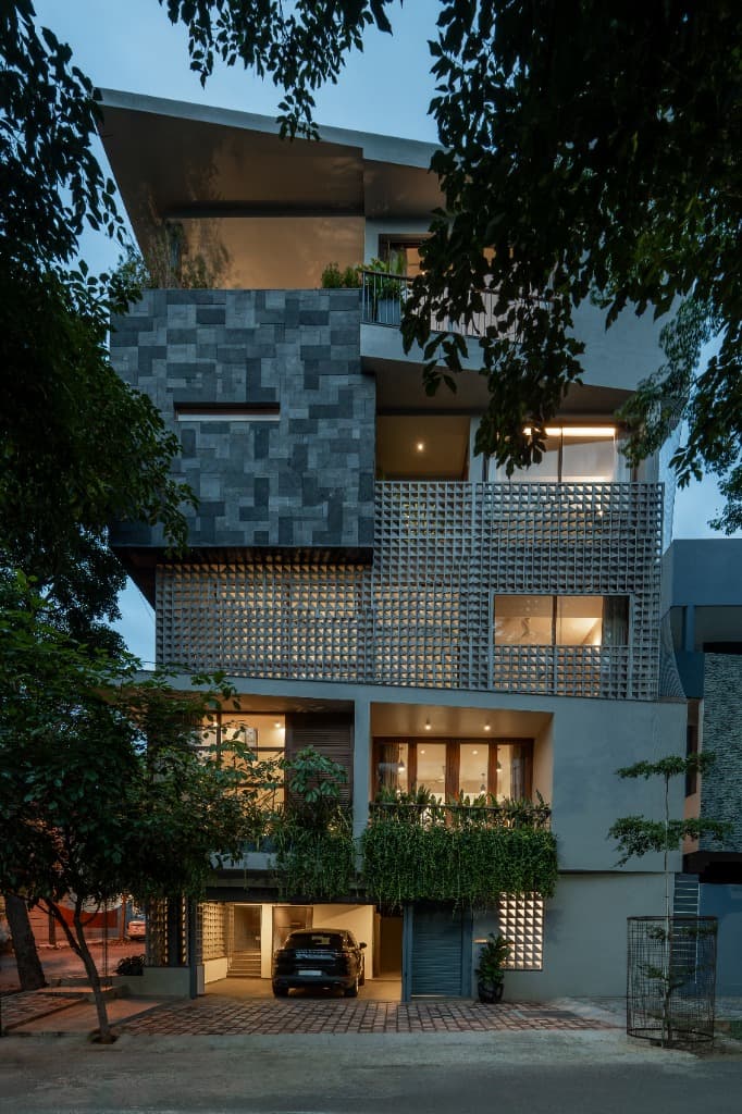 Frontal Dusk Elevation & Paved Courtyard