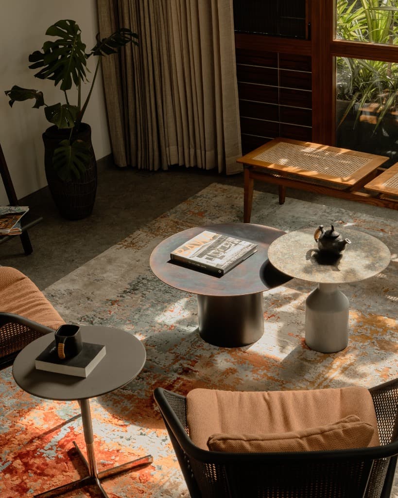 Patinated Copper Tables & Cane Lounge