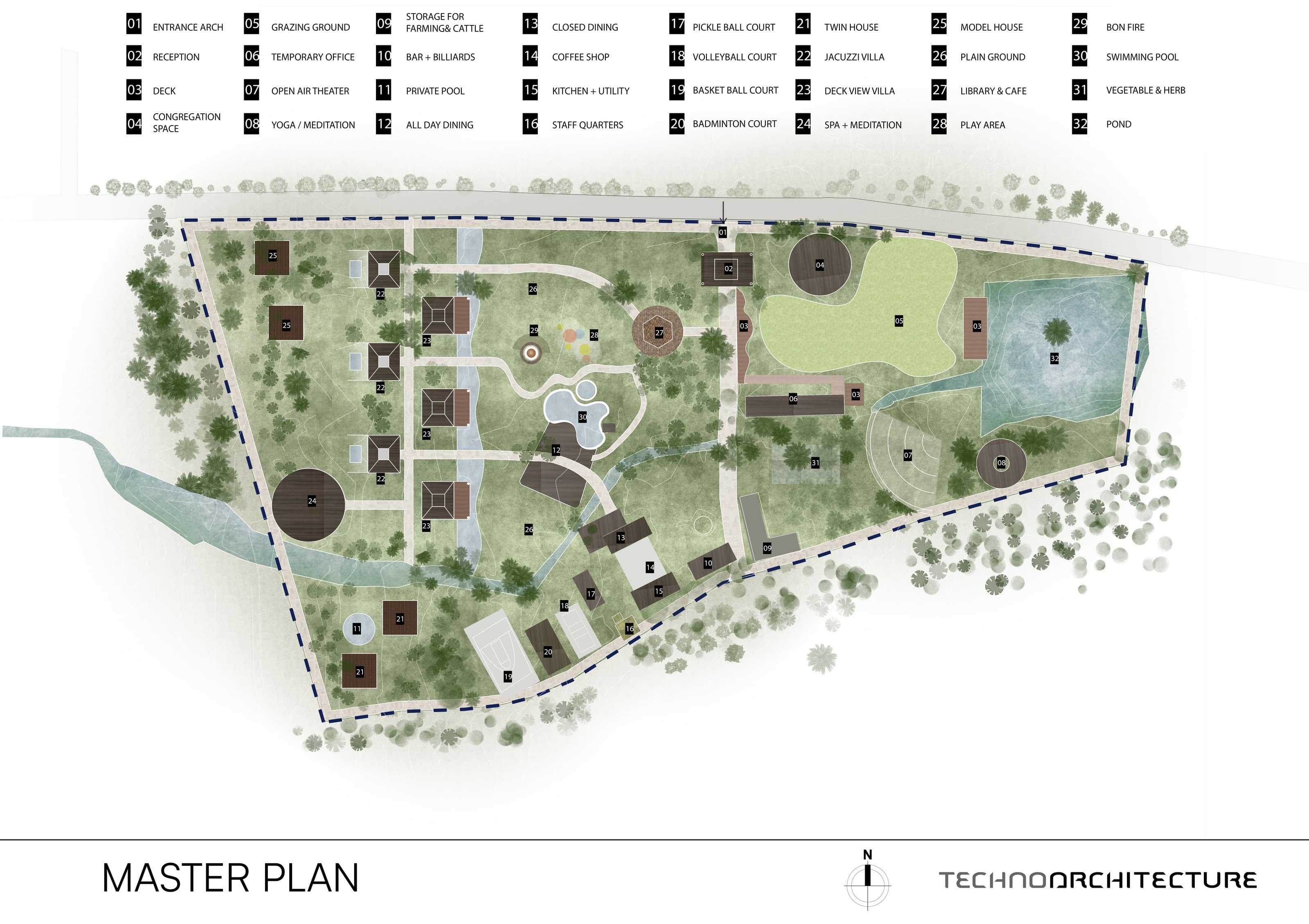 Comprehensive 32-zone master plan layout encompassing wellness suites, sports commons, and bio-lakes