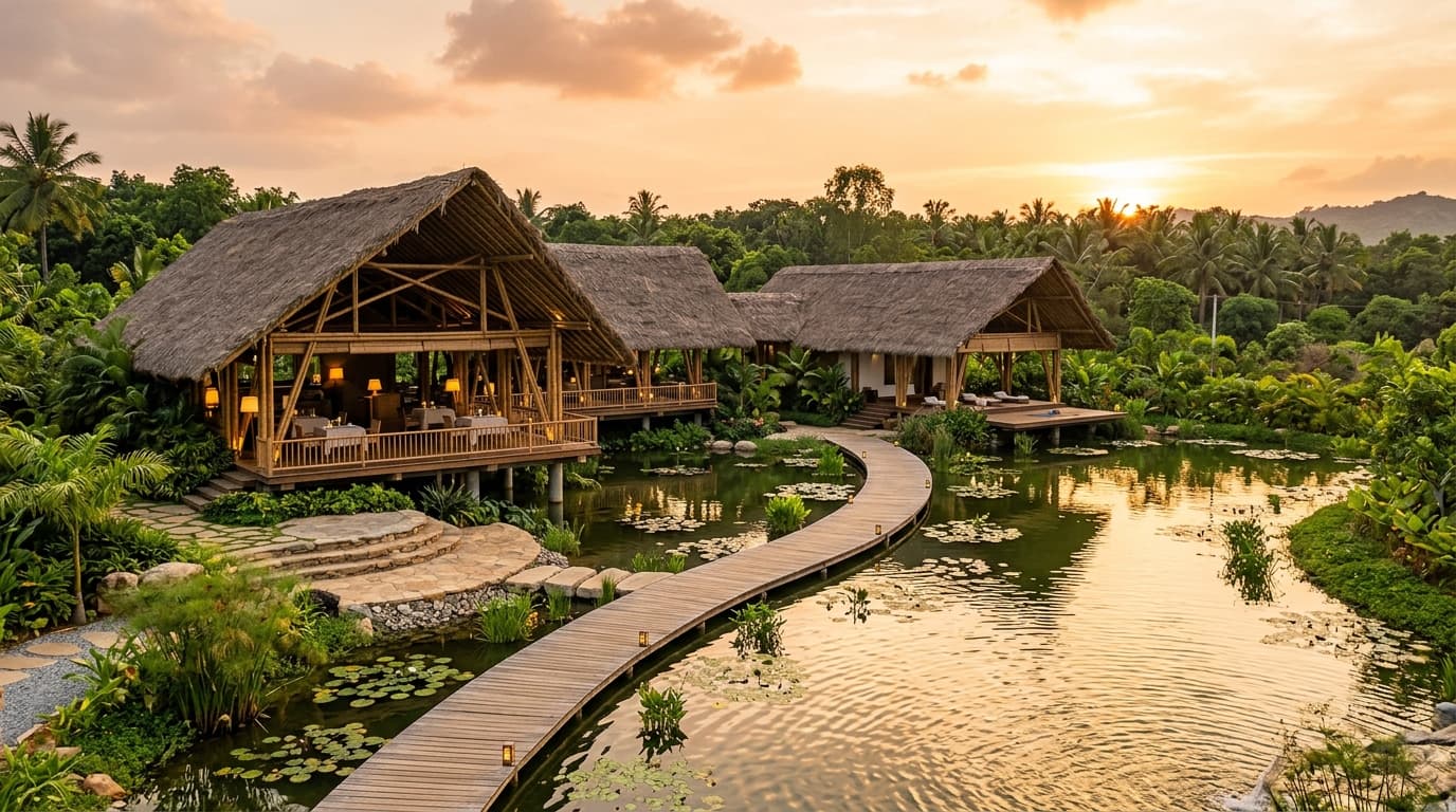 Elevated bamboo dining pavilion and boardwalk overlooking natural bio-lagoon