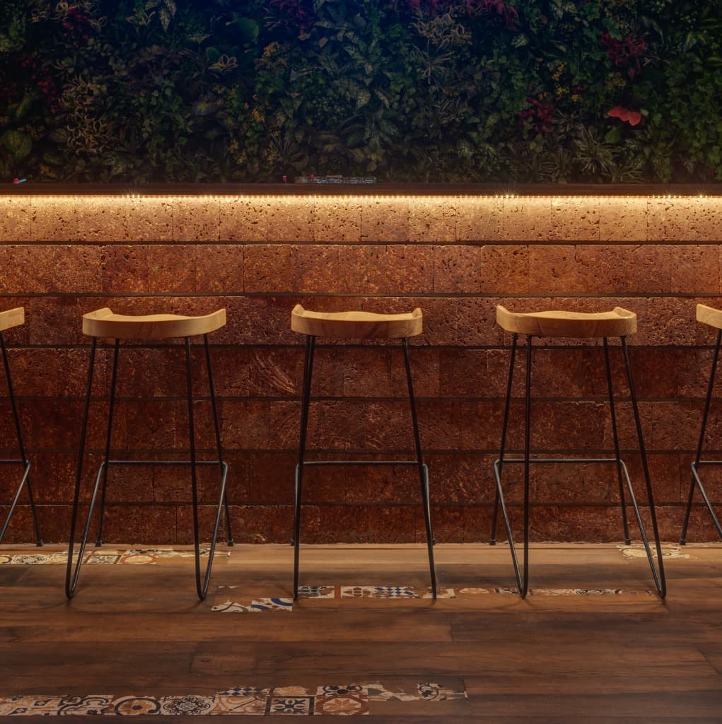 Illuminated Earthenware Brick Bar & Wire Stools