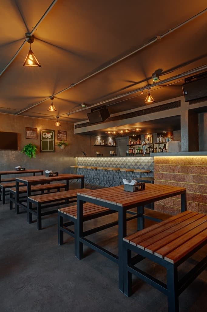 Indoor Craft Brewery Hall & Timber Benches