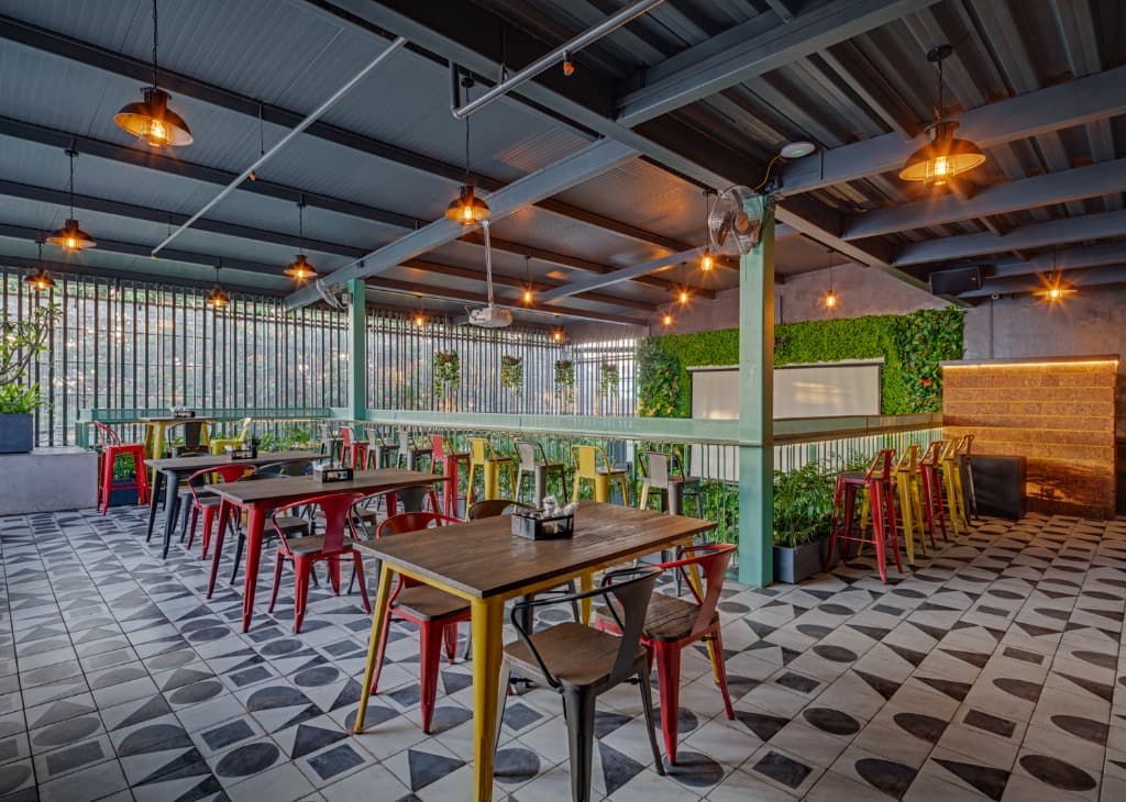 Upper Mezzanine Dining Room & Industrial Barn Pendants