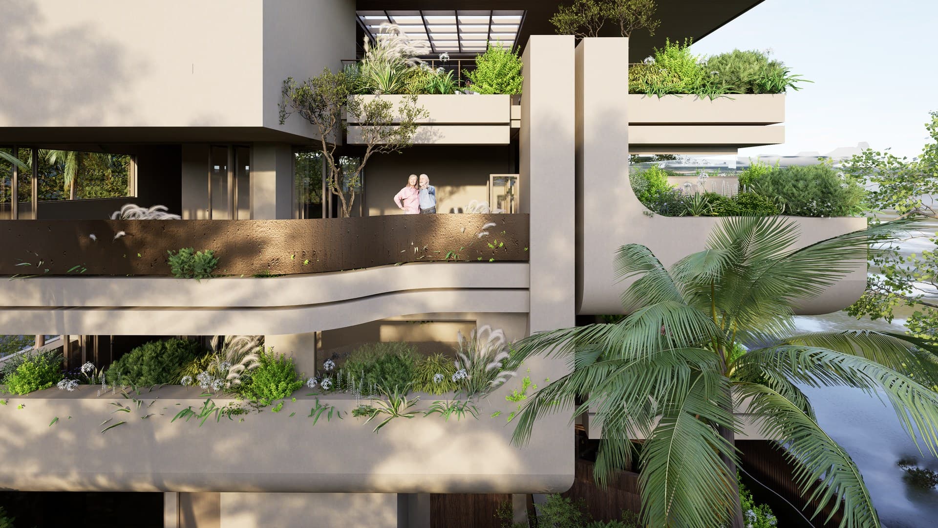 Balcony overhangs and outdoor connectivity