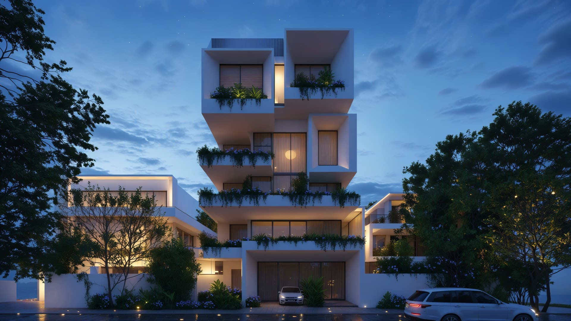 Night illumination highlighting textural facade